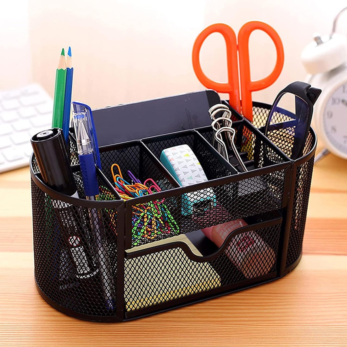 Silver Mesh Pen Holder and Organizer Office Supplies with 9 Compartments, Desktop Organizer with Drawer, Metal Pen Holder for Desk, 9.25" X 4.53" X 3.94"