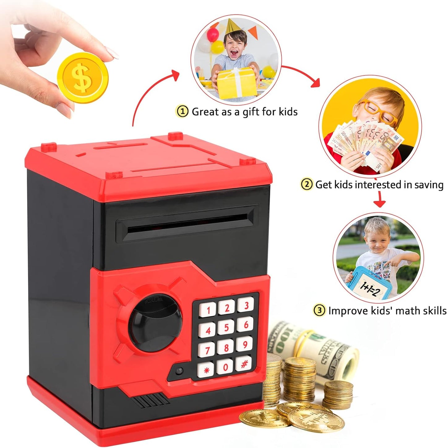 ATM Piggy Bank for Boys Girls,  Mini ATM Coin Bank Money Saving Box with Password, Kids Safe Money Jar for Adults with Auto Grab Bill Slot, Great Gift Toy Bank for Kids (Red+Black)