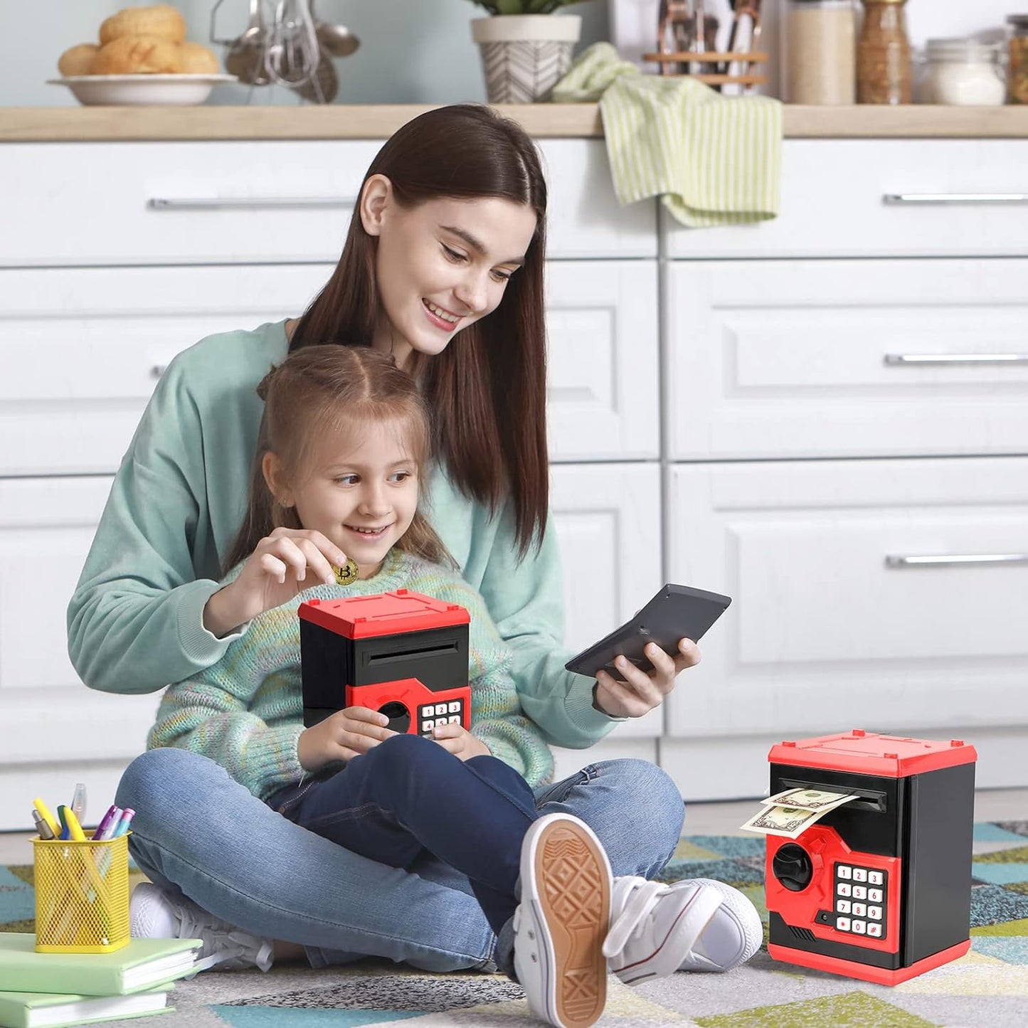 ATM Piggy Bank for Boys Girls,  Mini ATM Coin Bank Money Saving Box with Password, Kids Safe Money Jar for Adults with Auto Grab Bill Slot, Great Gift Toy Bank for Kids (Red+Black)