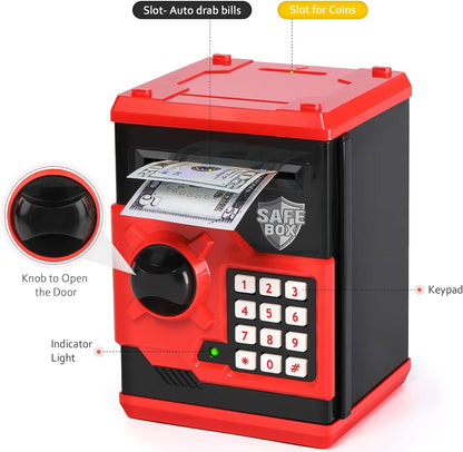 ATM Piggy Bank for Boys Girls,  Mini ATM Coin Bank Money Saving Box with Password, Kids Safe Money Jar for Adults with Auto Grab Bill Slot, Great Gift Toy Bank for Kids (Red+Black)