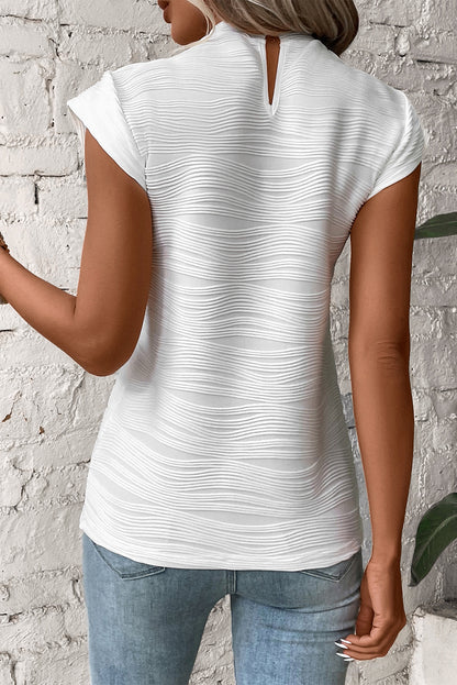 Chic Wavy Mock Neck Cap Sleeve Top