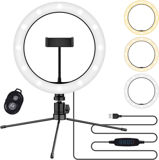 Tripod Stand 10” Bright Desk Ring Light and Phone Holder Mount, 3 Light Modes round Dimmable LED Light for Livestream Gaming Makeup Video Tutorials Self Record Photo Taking Tiktok Dance for All Phones