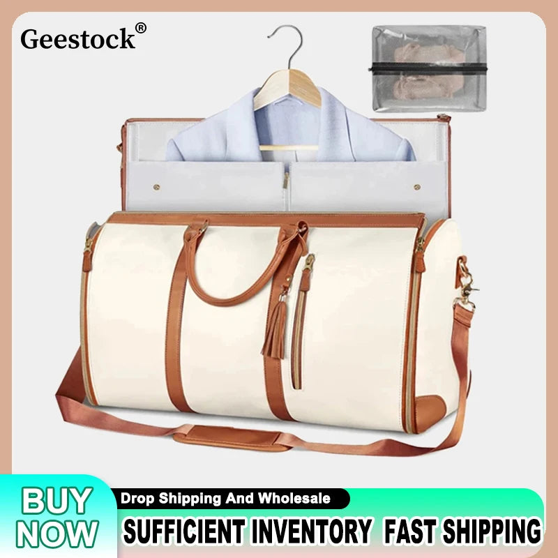 Geestock PU Folding Suit Storage Bag New Travel Bag Large Waterproof Travel Suitcase for Women Sport Outdoor Weekend Bag Handbag