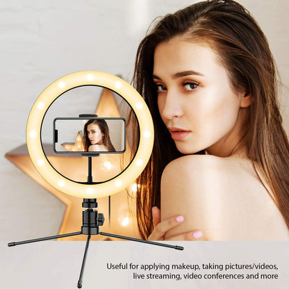 Tripod Stand 10” Bright Desk Ring Light and Phone Holder Mount, 3 Light Modes round Dimmable LED Light for Livestream Gaming Makeup Video Tutorials Self Record Photo Taking Tiktok Dance for All Phones