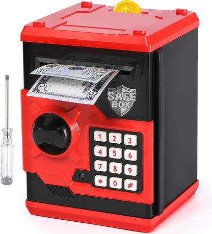 ATM Piggy Bank for Boys Girls,  Mini ATM Coin Bank Money Saving Box with Password, Kids Safe Money Jar for Adults with Auto Grab Bill Slot, Great Gift Toy Bank for Kids (Red+Black)