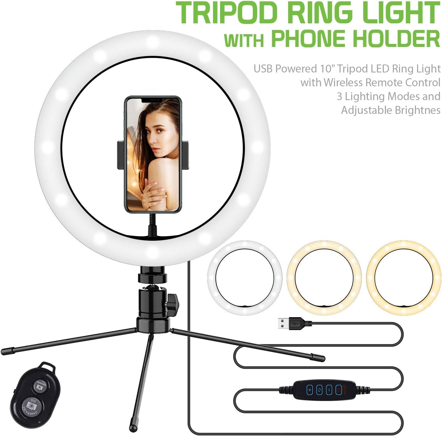 Tripod Stand 10” Bright Desk Ring Light and Phone Holder Mount, 3 Light Modes round Dimmable LED Light for Livestream Gaming Makeup Video Tutorials Self Record Photo Taking Tiktok Dance for All Phones