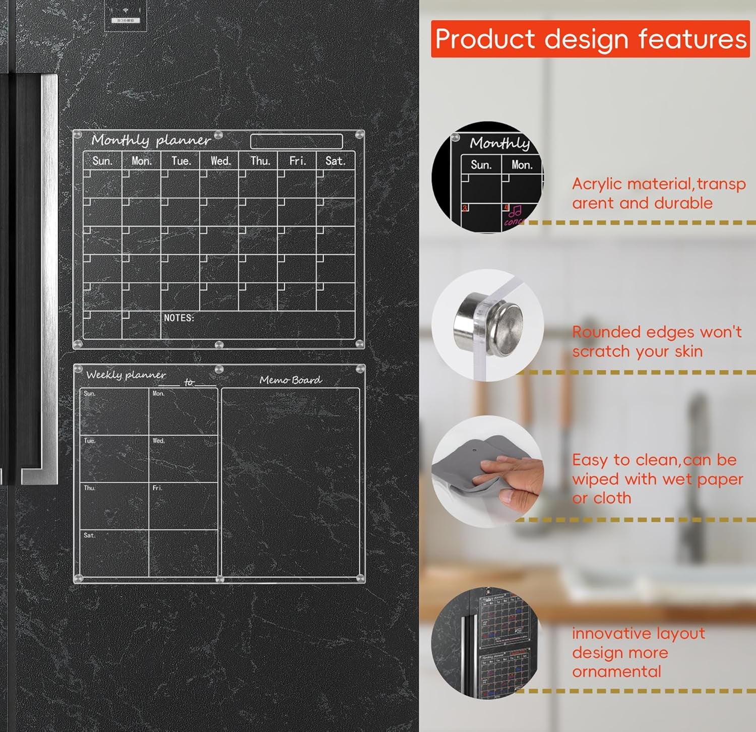 Magnetic Acrylic Calendar for Fridge, 12"X16" Monthly, Weekly and Blank Board,Acrylic Wall Calendars,Reusable Acrylic Dry Erase Planning Board