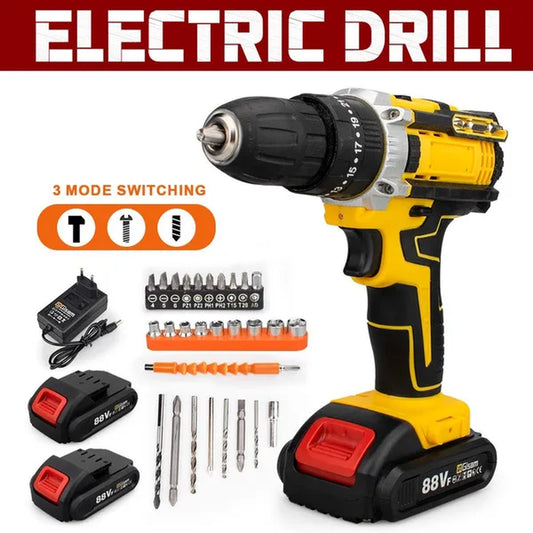 25+3 Torque Electric Impact Drill Cordless Power Compact Drill 3 Setting Modes Home Rechargeable Handheld Drill with 2 Battery